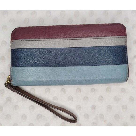 Fossil Cowhide Leather Color Block Wristlet Wallet Multi Slots Coin Purse